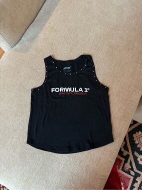 Black Formula 1 Studded Tank Top with White and Red Logo